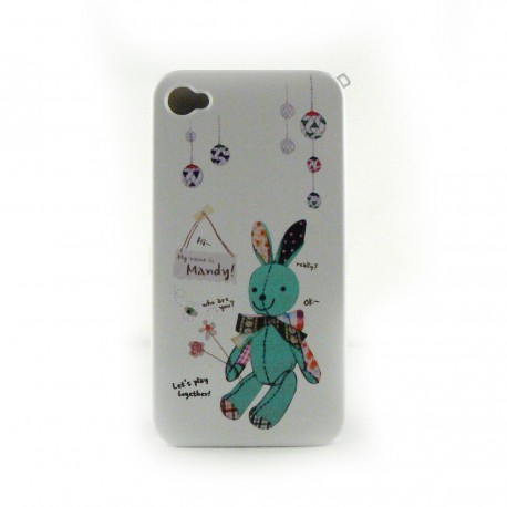 Coque blanche lapin bleu pour Iphone 4 + film protection ecran