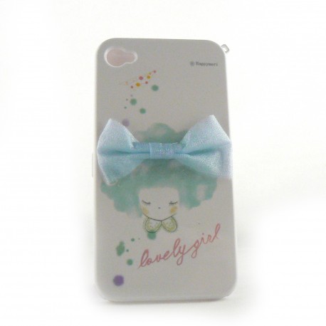 Coque integrale petite fille et noeud papillon bleu pour Iphone 4 + film protection ecran