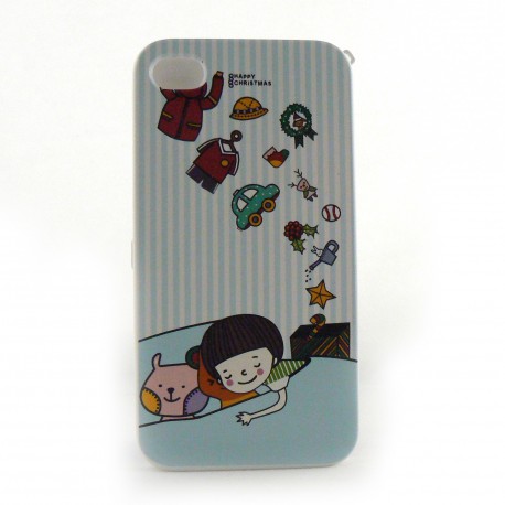 Coque integrale rayee bleue et reve Noel garcon pour Iphone 4 + film protection ecran