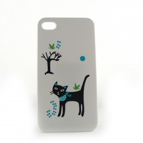 Coque blanche chat noir pour Iphone 4 + film protection ecran