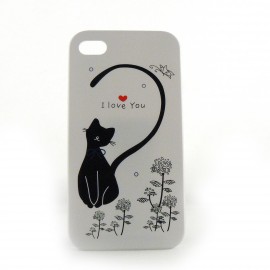 Coque blanche chat noir et un coeur rouge pour Iphone 4 + film protection ecran