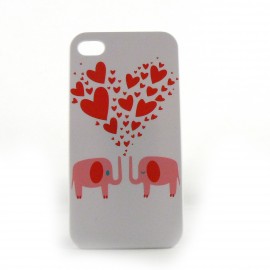Coque blanche motif elephants et un coeur rouge pour Iphone 4 + film protection ecran