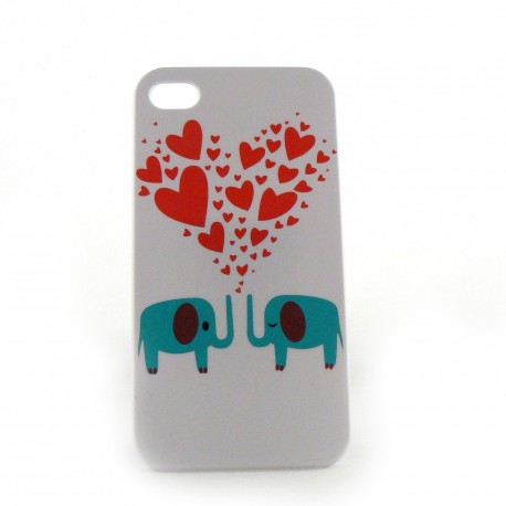 Coque blanche motif elephants et un coeur rouge pour Iphone 4 + film protection ecran