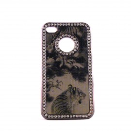 Coque tigre entoure de strass diamants pour Iphone 4 + film protection ecran