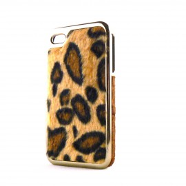 Coque effet leopard avec des poils et un contour tissu et metal or pour Iphone 4 + film protection ecran