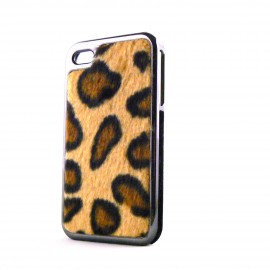 Coque effet leopard avec des poils et un contour tissu et metal pour Iphone 4 + film protection ecran