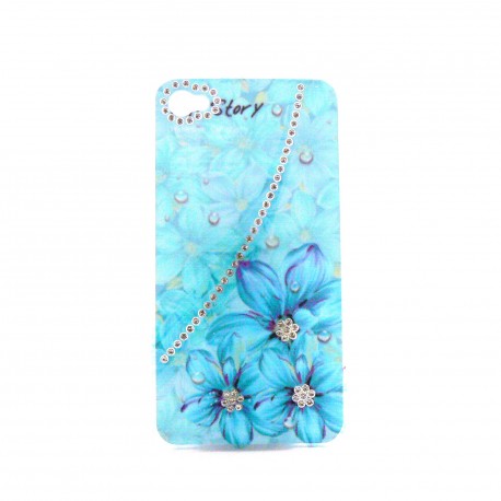 Coque brillante fleurs bleues avec strass diamants incrustes pour Iphone 4 + film protection ecran