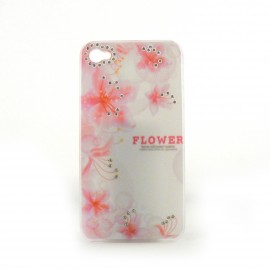 Coque brillante fleurs roses avec strass diamants incrustes pour Iphone 4 + film protection ecran