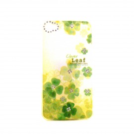 Coque brillante fleurs vertes avec strass diamants incrustes pour Iphone 4 + film protection ecran