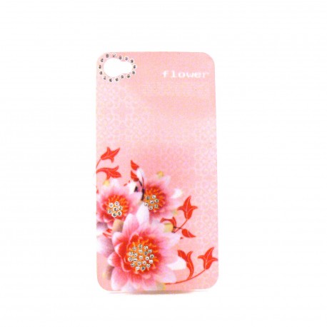 Coque brillante fleurs roses avec strass diamants incrustes pour Iphone 4 + film protection ecran