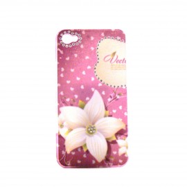 Coque brillante fleurs blanches avec strass diamants incrustes pour Iphone 4 + film protection ecran