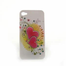 Coque brillante coeurs roses avec strass bleus et jaunes incrustes pour Iphone 4 + film protection ecran