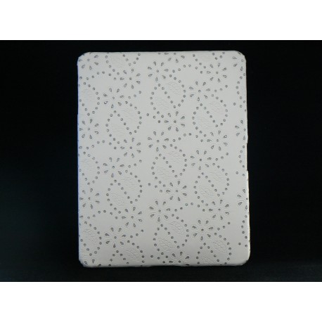 Coque simili cuir blanc et fleurs incrustees strass diamants Ipad 1 + film protection ecran offert