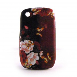 Coque silicone fleurs et papillons sur fond rouge pour Blackberry 8520 curve+ film protection ecran offert