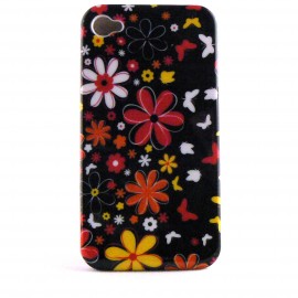 Coque integrale noire avec des fleurs et papillons rouges et blancs pour Iphone 4 + film protection ecran