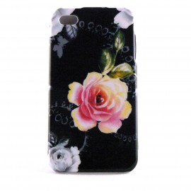 Coque integrale noire avec une rose jaune pour Iphone 4 + film protection ecran