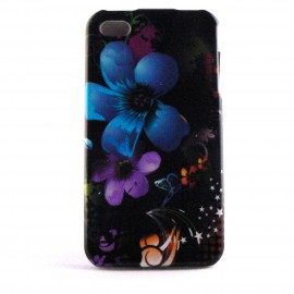 Coque integrale fleur bleue et violette Iphone 4 + film protection ecran