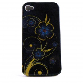 Coque integrale noire avec des fleurs bleues pour Iphone 4 + film protection ecran