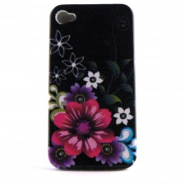 Coque integrale noire avec fleurs roses et violettes pour Iphone 4 + film protection ecran