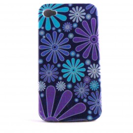 Coque integrale fleurs violettes et turquoises Iphone 4 + film protection ecran