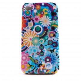 Coque integrale bleue fleurs multicolores Iphone 4 + film protection ecran