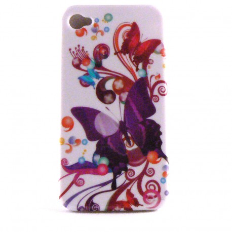 Coque integrale blanche avec papillon violet pour Iphone 4 + film protection ecran