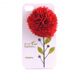 Coque arriere blanche avec fleur rouge en relief pour Iphone 4 + film protection ecran