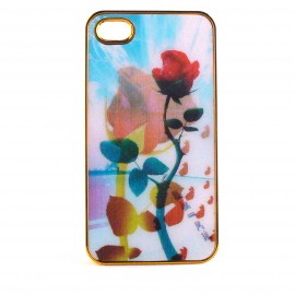 Coque arriere avec un motif d'une rose en 3D pour Iphone 4 + film protection ecran