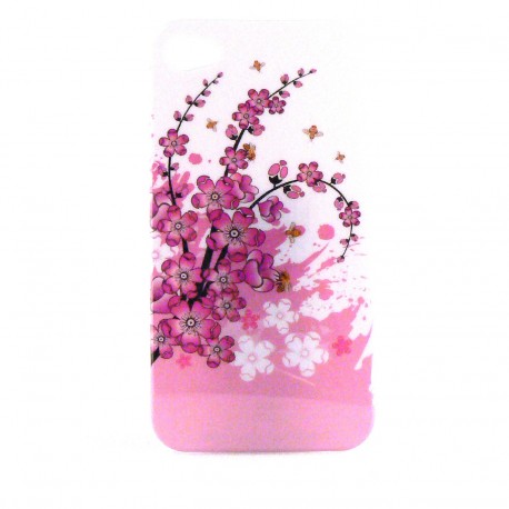 Coque blanche et brillante avec des petite fleurs roses pour Iphone 4 + film protection ecran