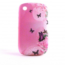 Coque silicone rose papillons noirs Blackberry 8520 Curve+ film protection ecran offert