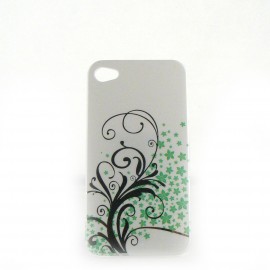 Coque brillante motif feuilles argents + couleurs pour Iphone 4 + film protection ecran