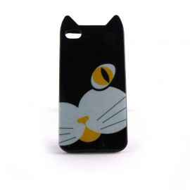 Coque brillante rigide noire motif chat pour Iphone 4 + film protection ecran