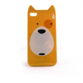 Coque brillante rigide jaune motif chien pour Iphone 4 + film protection ecran