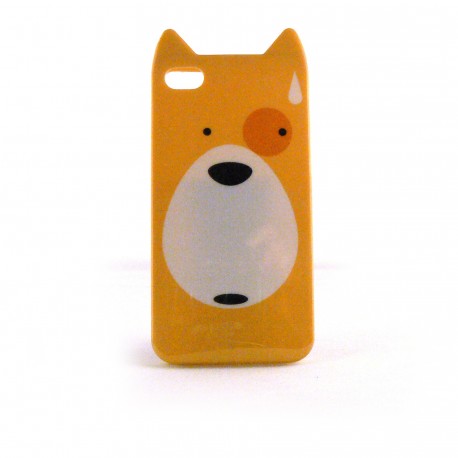 Coque brillante rigide jaune motif chien pour Iphone 4 + film protection ecran