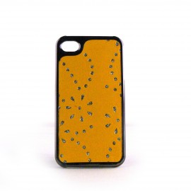 Coque simili-cuir avec fleurs incrustees de diamants et pourtour metal pour Iphone 4 + film protection ecran