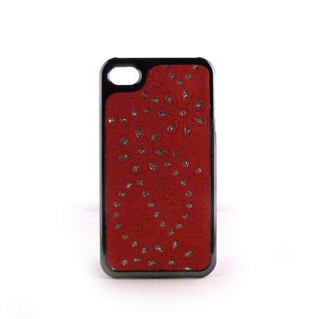 Coque simili-cuir avec fleurs incrustees de diamants et pourtour metal pour Iphone 4 + film protection ecran