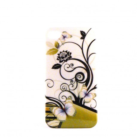 Coque brillante rigide papillons verts pour Iphone 4 + film protection ecran