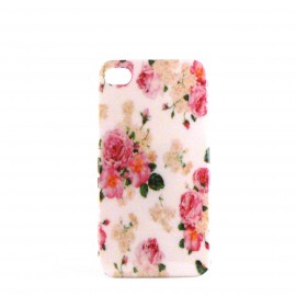 Coque brillante rigide avec des roses sur fond blanc pour Iphone 4 + film protection ecran