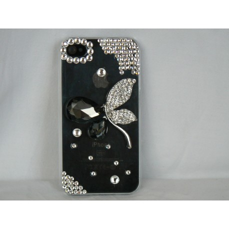 Coque rigide et brillante motif papillon en strass diamants pour Iphone 4 + film protection ecran