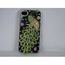 Coque rigide et brillante motif paon en strass vertes pour Iphone 4 + film protection ecran