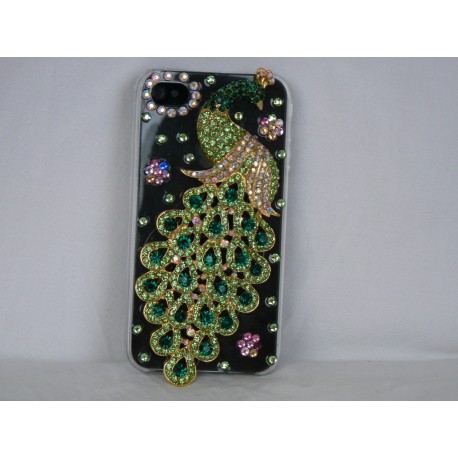 Coque rigide et brillante motif paon en strass vertes pour Iphone 4 + film protection ecran