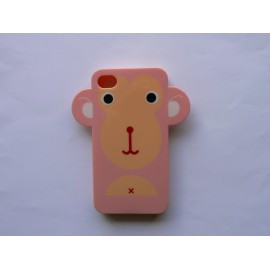 Coque Iphone 4 rose silicone semi-rigide motif singe + film protection écran offert