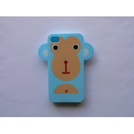 Coque Iphone 4 bleue silicone semi-rigide motif singe + film protection écran offert