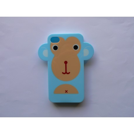 Coque Iphone 4 bleue silicone semi-rigide motif singe + film protection écran offert