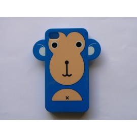 Coque Iphone 4 bleue foncé silicone semi-rigide motif singe + film protection écran offert