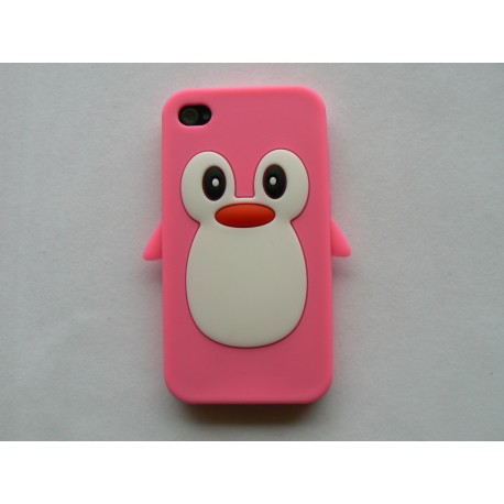 Coque Iphone 4 en silicone rose motif pingouin + film protection écran offert