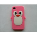 Coque Iphone 4 en silicone rose motif pingouin + film protection écran offert