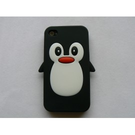 Coque Iphone 4 en silicone noire motif pingouin + film protection écran offert
