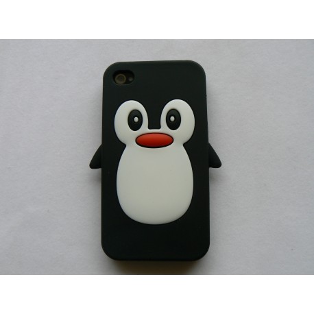 Coque Iphone 4 en silicone noire motif pingouin + film protection écran offert