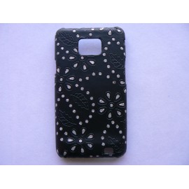 Coque Samsung I9100 Galaxy S2 simili-cuir noir fleurs incrustée de diamants + film protection écran offert